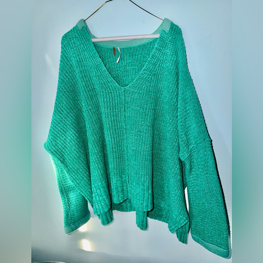 Free People Teal Oversized V-Neck Sweater